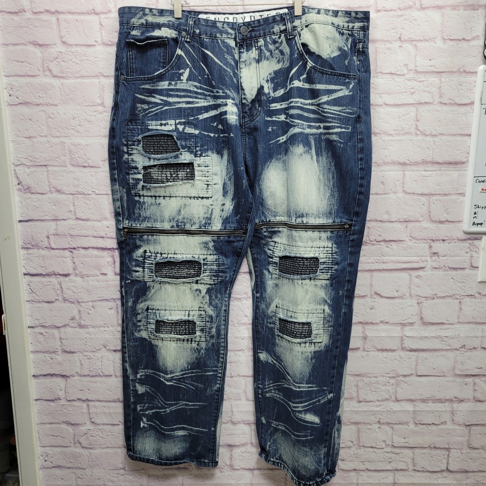 Encrypted Moto Biker Distressed Denim Jeans Mens 20W Grunge Cyber Y2K Streetwear